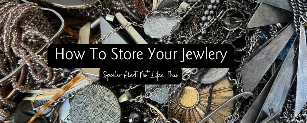 Messy tangle of necklaces, showing how not to store your jewelry. Madera Design Studio will show you the correct way to store your handcrafted jewelry