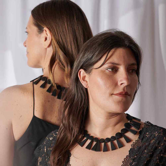 Beaded bib necklace - my madera design studio on two models back to back