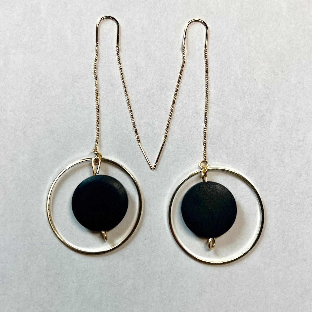 Black and Gold Threader Earrings Handmade by Madera Design Studio