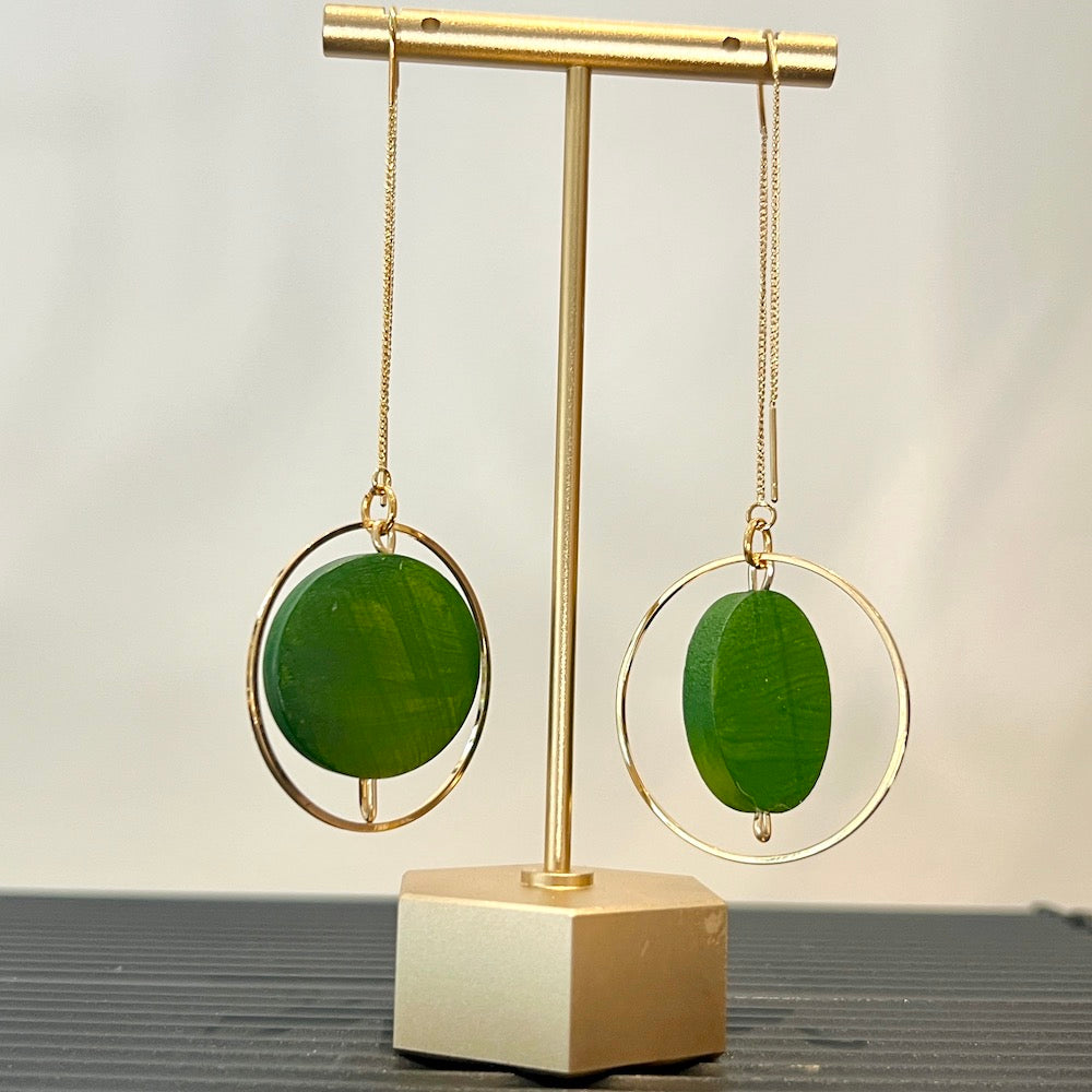 Green hand painted wood, gold threader earrings by Madera Design Studio