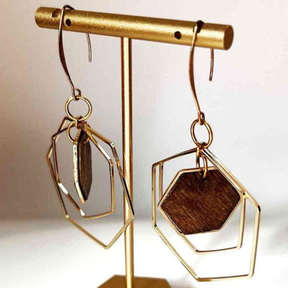 Hexagon wood and metal dangle earrings by Madera Design Studio