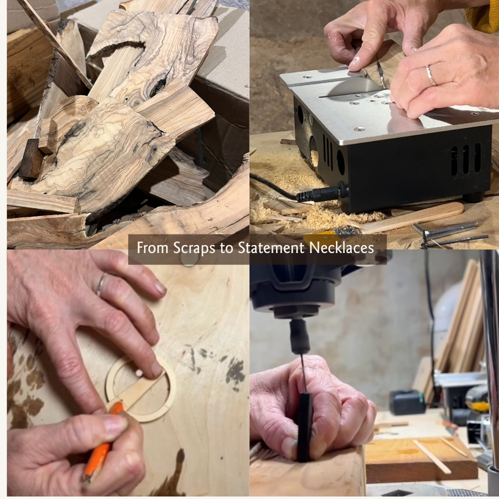 Scrap olive wood being turned into necklaces in a series of four images by madera design studio