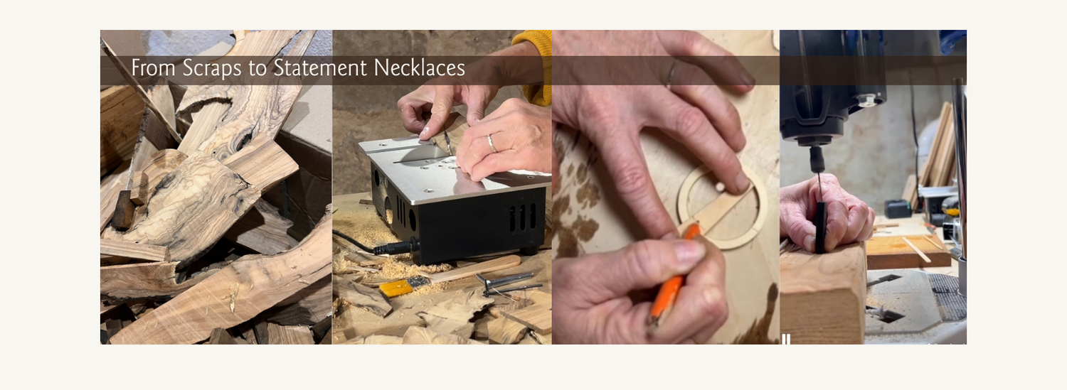 Wood scraps being turned into a necklace in a series of 4 photos by Madera Design Studio