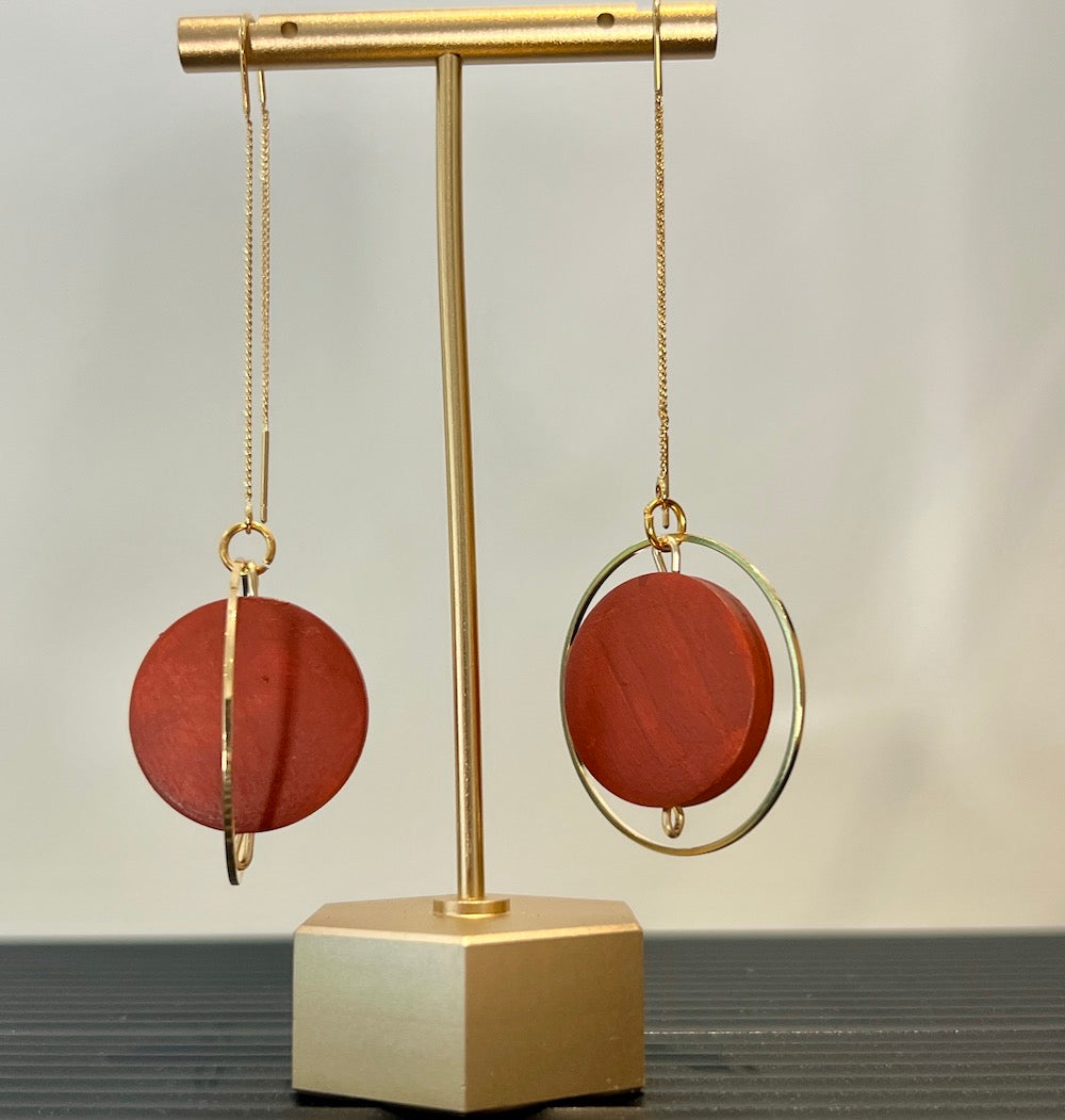 Terracotta hand painted wood bead and gold threader earrings, by Madera Design Studio