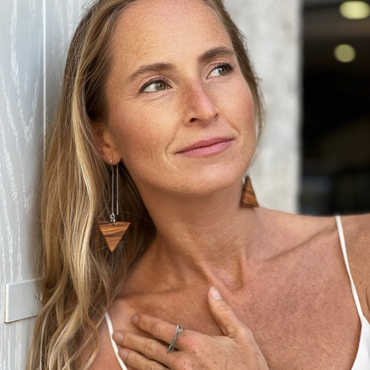 Upcycled olive wood earrings - asymmetrical triangles on silver threader by Madera Design Studio