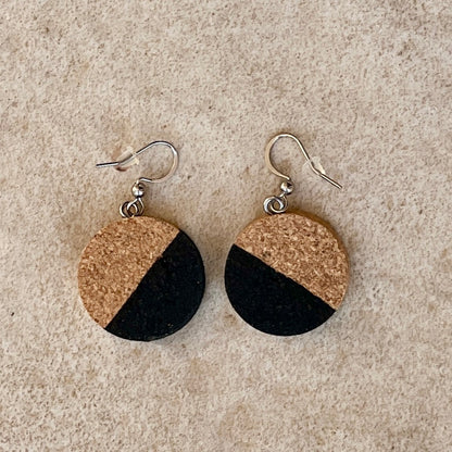 recycled cork earrings painted 1/2 black on stone background - madera-design-studio
