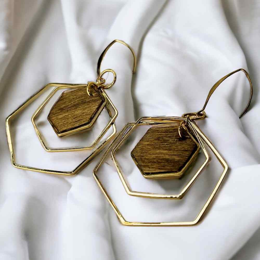 Hexagon Earrings - Gold and Wood Earrings by Madera Design Studio