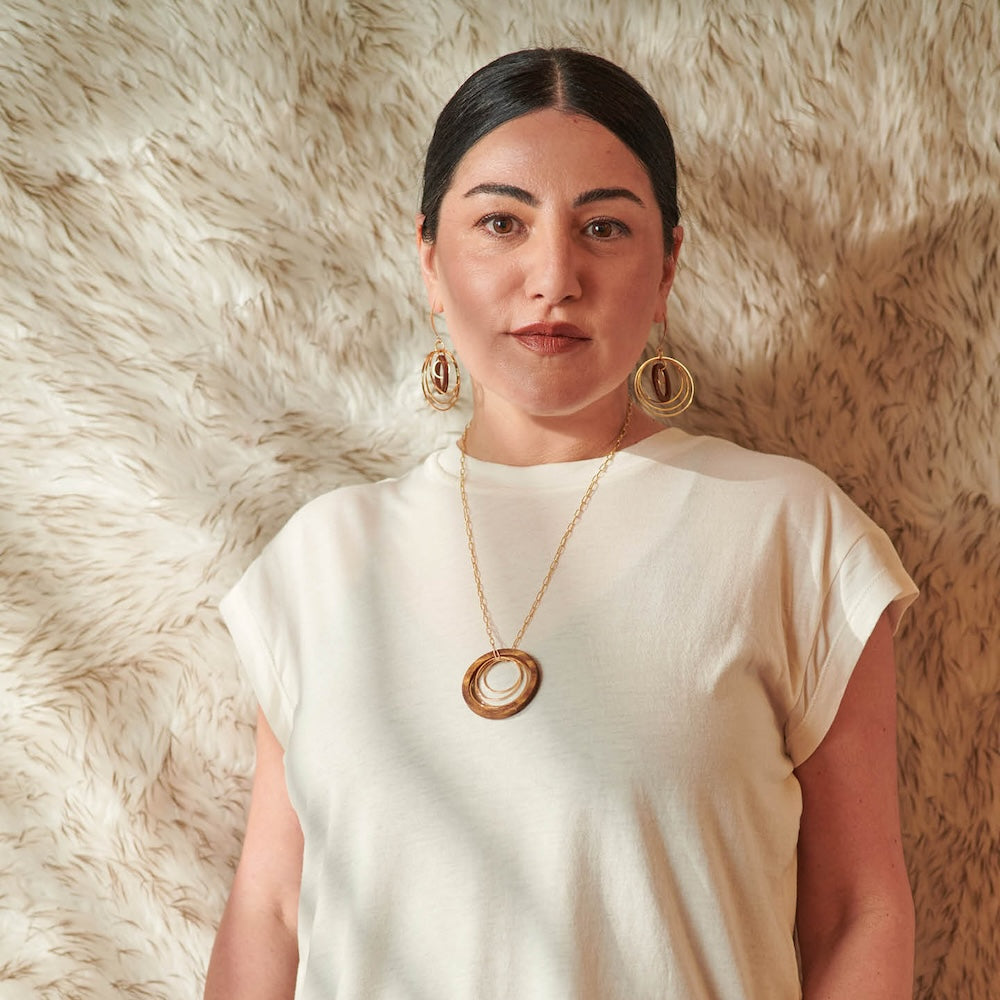 Madera Circles Necklace and Earrings - on model 