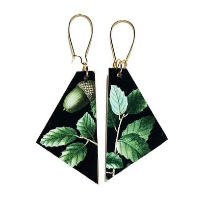 Enchanted acorn pattern green and black pattern on wood dangle earring