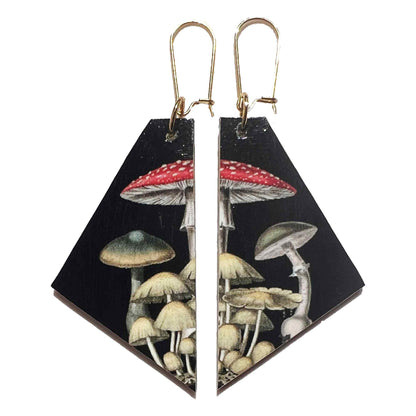 Madera wood dangle earrings -woodland mushroom pattern