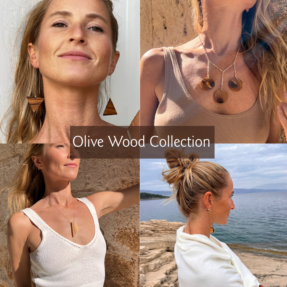 Images of 4 different olive wood jewelry pieces on female model